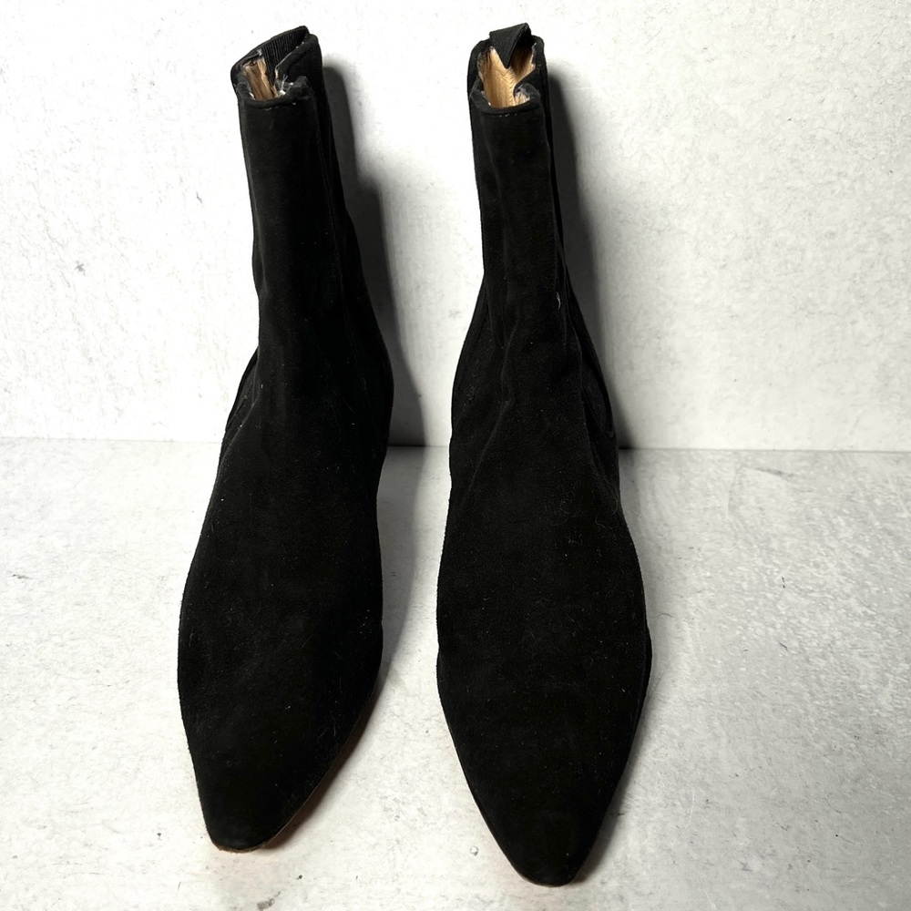 Manolo Blahnik kitten heel suede bootie with elastic panels